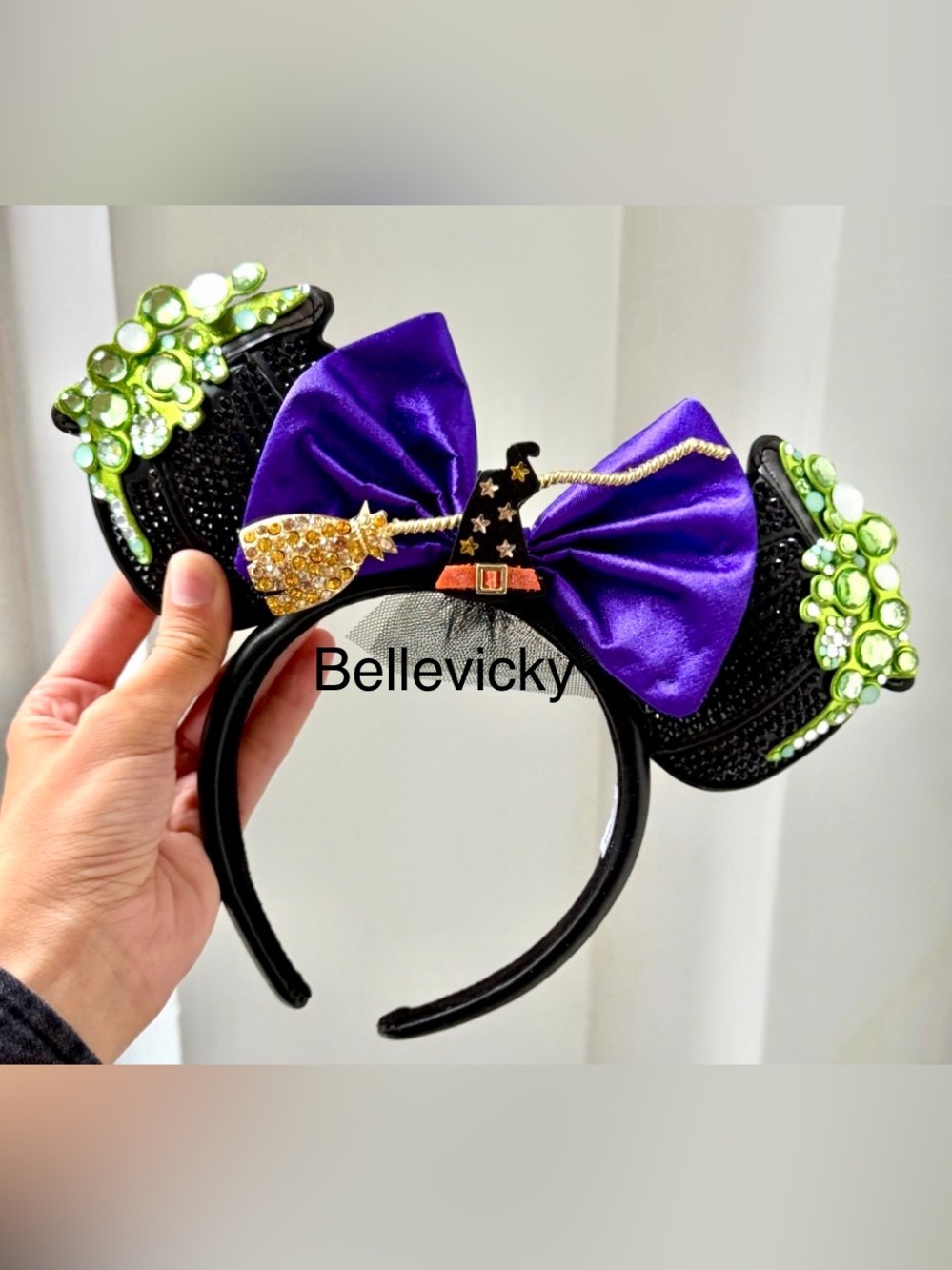 Disney Minnie Mouse Witch Halloween Ears Headband Green Gem Accents